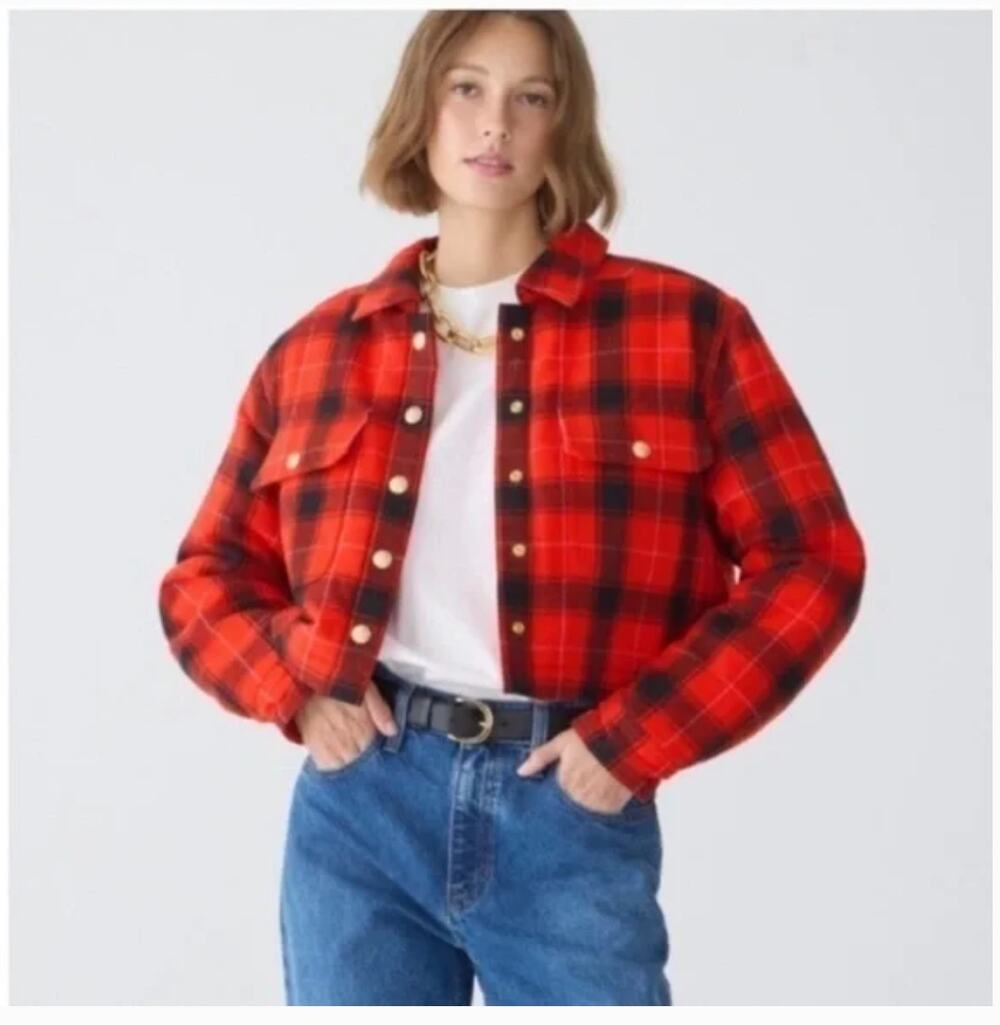 J.Crew Crop Puffer Jacket M Red Buffalo Check Plaid BV699 Black Western Prep